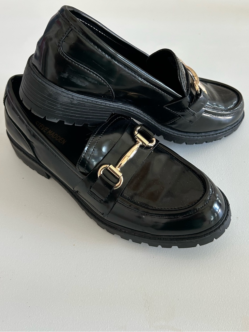 Steve Madden Black Patent Loafers with Gold Bit